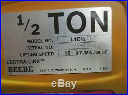 Beebe L1e1/2 Cls 1/2t Ton 1000lbs 2/3hp Electric Chain Hoist 460/230v 3ph 16fpm