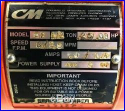 CM E2 CHAIN HOIST 1/2-TON MOTOR DRIVEN TROLLEY 32-FT/CHAIN SERIES-635 8' fpm