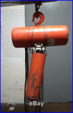 CM Hoist Model R 2 Ton Electric Chain Hoist, 8 F. P. M, 1 HP with 16' of Chain