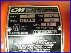CM Lodestar 1/2 Ton 1000 lb Electric Chain Lifting Lift Hoist 110 Volt 16 fpm