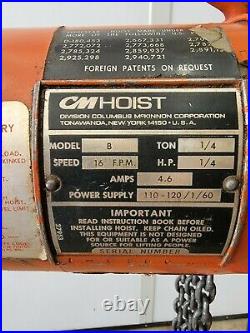 CM Lodestar Electric 1/4 Ton Chain Hoist 16 Feet Per Minute 120V, 9 Feet Chain