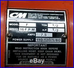 CM Lodestar F 1/2 Ton 1000lb 120V Electric Chain Hoist Garage Shop Lift