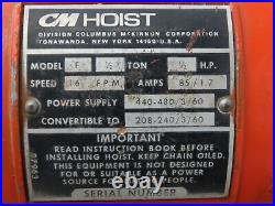 CM Lodestar F 1/2 Ton Electric Chain Hoist 16 FPM 14' Lift 11' Control 3 PH