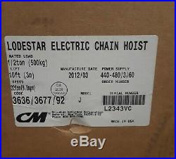 CM Lodestar Hoist Model J 1/2 Ton Electric Chain Hoist, 32 FPM, 10' Lift