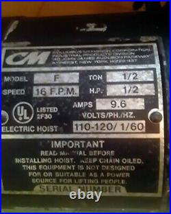 CM Lodestar Model F 1/2 Ton Electric Chain Hoist 20' Lift 16 FPM 110120v 1Ph