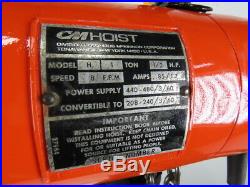 CM Lodestar Model H 1 Ton 2000LB Electric Chain Hoist 10' Lift 8FPM Tested