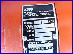 CM Lodestar RT 3 Ton Electric Chain Hoist 635 Motor Trolley 5.5 FPM 1HP 10' Lift