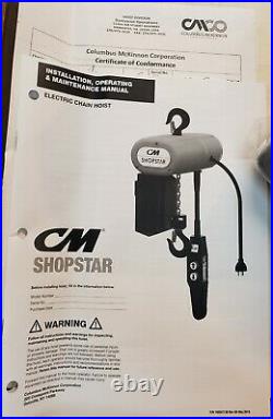 CM Shopstar 115v Electric Chain Hoist 15ft lift Hook Mounted No Trolley