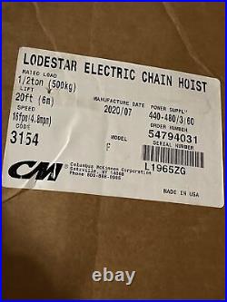 CM Valustar 1/2 Ton Electric Chain Hoist 20 Ft Lift 3 Phase ttt2t2