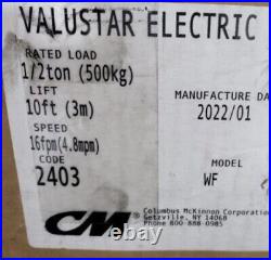 CMCO VALUSTAR ELECTRIC CHAIN HOIST 1/2 TON CAPACITY, 1 Sp, 16 FPM 10 FT LIFT
