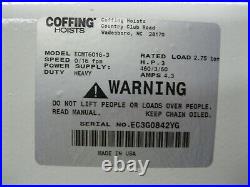 COFFING ECMT6016-3 CHAIN HOIST 2.7 TON Cap. 25' 460 VOLT MOTORIZED TROLLEY NEW