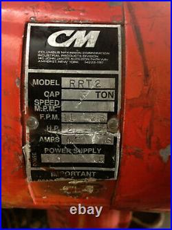 Cm Lodestar Model RRT 3 Ton 6000lb Electric Chain Hoist 3Ph Lift