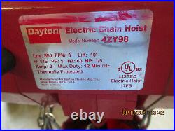 DAYTON 4ZY98 Electric Chain Hoist, 800 lb, 10' Lift, Free Shipping