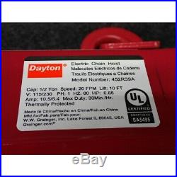 Dayton 452R39A Electric Chain Hoist 115/230V, 10 ft. Hoist Lift, 20 fpm, No Box