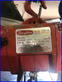 Dayton 500bs 1/4 ton Electric Chain Hoist 10 foot lift 115v