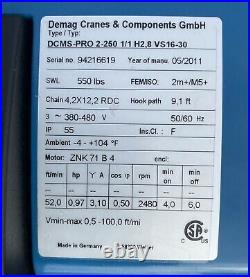 Demag DCMS Pro 2-250 Electric Chain Hoist 550 lb 1/1 H2,8 VS 16-30