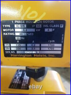 Harrington 1/2 Ton Electric Chain Hoist With Motorized Trolley 115/230 Volts