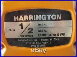 Harrington ES005L 1/2 Ton Electric Chain Hoist Lift 230/460V NES3B-1718 1000 Lb