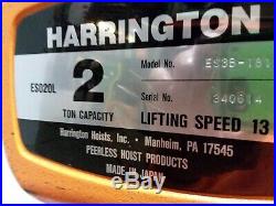 Harrington ES020L 2 Ton Electric Chain Hoist 20' Lift 16' Pendant 13 FPM 3PH