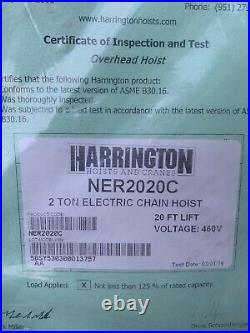 New HARRINGTON 2 Ton NER020C Lift Chain Hoist 230/460 V, 3 Phase, 7FPM