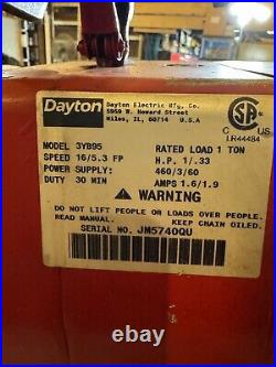 Used Dayton 3YB95 1 Ton 2000 Lbs Electric Chain Hoist 10 ft 460V 3Ph Trolley 2